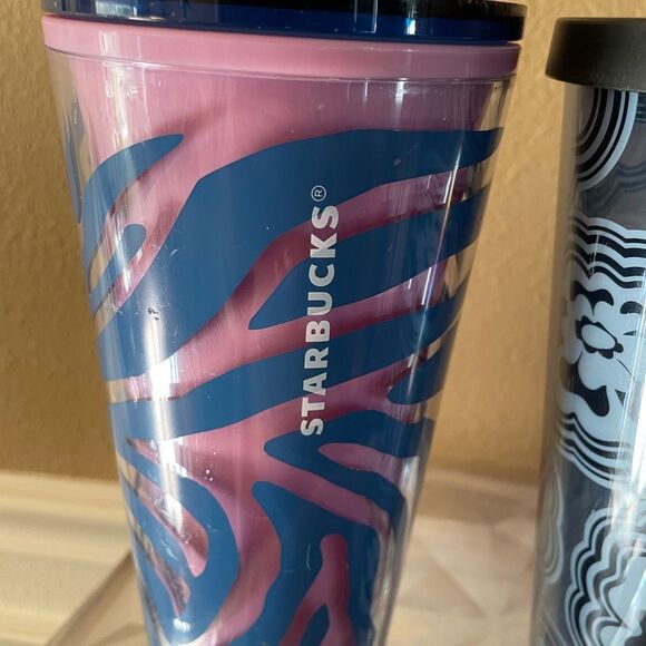 Starbucks Blue Wave Abstract Flower Tumbler Zebra Print Tumbler 24 ounces - Picture 13 of 14